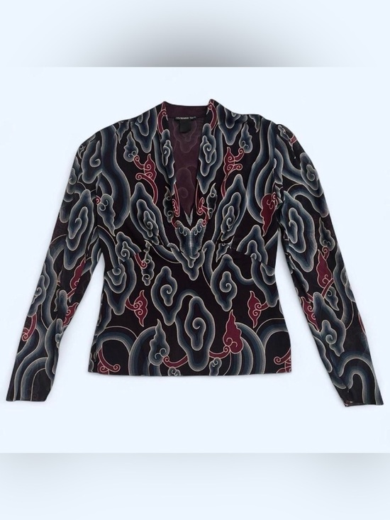 Vivienne Tam Tops - Vivienne Tam XS Vintage Y2K Mesh Sheer Abstract Print Stretch Long Sleeve Blouse